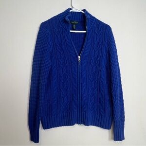 LAUREN RALPH LAUREN Blue Cable Knit Full-Zip Cotton blend Sweater SizeL